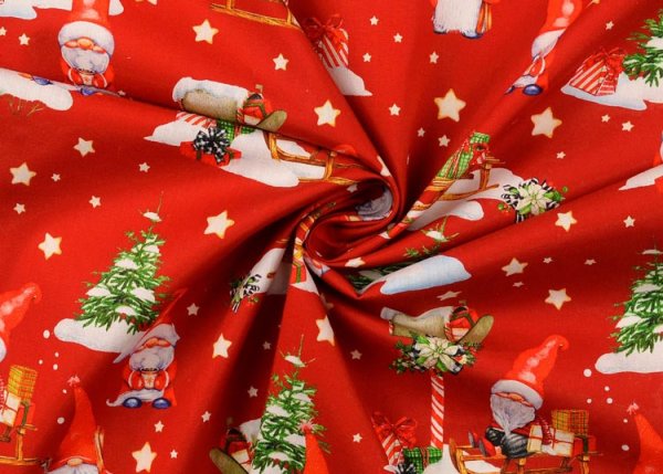 Weihnachtswichtel rot Weihnachtsstoff aus Baumwolle Webware mit Wichteln, Tannenbäumen und Geschenken